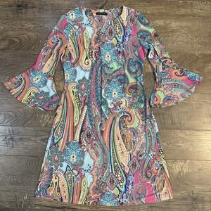 Tommy Hilfiger Barbie Pink‎ Paisley Round Neck Bell Sleeve Dress Size 2